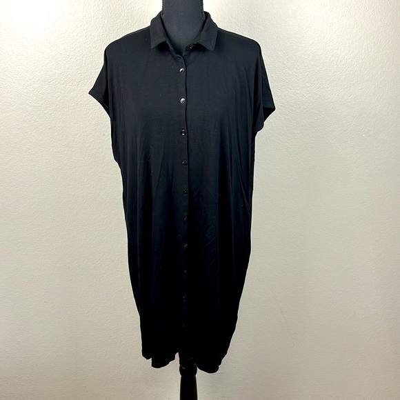 Eileen Fisher Shirt Dress Button Front Polo Collar Short Sleeves Black Knit M - Picture 1 of 10